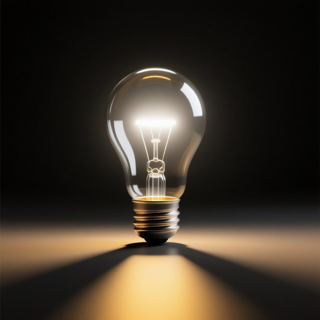 Model Version: lite | Model Category: General | Prompt: Conceptual image representing entrepreneurship awareness, a single lightbulb illuminating a dark background, symbolic, minimalist design, professional graphic design quality. | Enhanced Prompt: A conceptual image representing entrepreneurship awareness, highly symbolic and minimalist in design. A single, illuminated incandescent lightbulb stands as the central focus against a deep, dark background. The lightbulb emits a strong, focused beam of warm, bright white light, casting sharp, defined shadows outward, emphasizing isolation and singular focus. The glass of the bulb is rendered with high fidelity, showing subtle reflections and texture. The filament glows intensely, symbolizing a brilliant idea or innovation. Composition is centered and symmetrical, drawing the viewer's eye directly to the source of light. The overall atmosphere is one of potential, clarity emerging from darkness, and singular vision. Color palette dominated by deep black, bright white, and warm yellow/amber for the glow. Professional graphic design quality, ultra-sharp focus, high contrast, minimalist aesthetic, 8K resolution. Conceptual image representing entrepreneurship awareness, a single lightbulb illuminating a dark background, symbolic, minimalist design, professional graphic design quality.